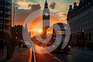 Red bus on road in London near Big Ben Clock Tower. Road traffic in London city.