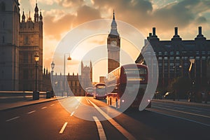 Red bus on road in London near Big Ben Clock Tower. Road traffic in London city