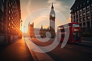 Red bus on road in London near Big Ben Clock Tower. Road traffic in London city