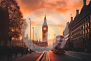 Red bus on road in London near Big Ben Clock Tower. Road traffic in London city.