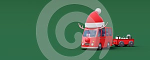 Red bus with Santa\'s hat and Christmas gifts on green background. Winter Holidays concept 3D Render