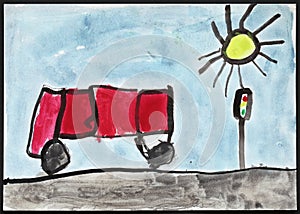 Red Bus and Traffic Lights - Child's Drawing