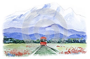 Red bus travels along road in green fields with flowers blooming with red poppies. outside the city against backdrop high chains