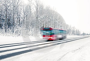 Red bus in winter