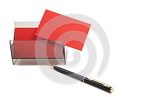 Red Business card in a box on white background