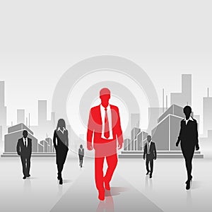 Red businessman silhouette over city background