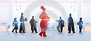 red businesswoman leader silhouette standing in front of businesspeople group leadership business competition