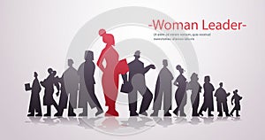 red businesswoman leader silhouette standing in front of businesspeople leadership business competition