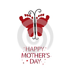 Red butterfly with baby foot prints. Happy Mother`s Day greeting card. Coming soon baby. Baby gender reveal symbol. Girl, boy, twi