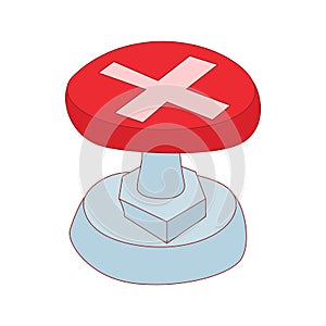 Red button with cross sign icon, cartoon style