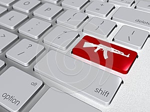 Red button enter on the computer keyboard with rifle symbol