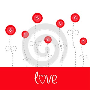 Red button flowers. Dash line stem with bow Love card. Flat design