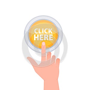 Red button with help text click here. Hand pressing click here button