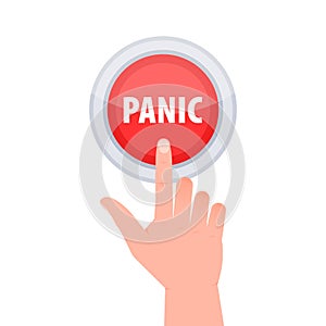 Red button with help text Panic. Hand pressing panic button