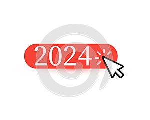 Red button icon with 2024 numbers and mouse pointer, button clicked icon symbolized entering to new year. Perfect for photo