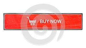 Red button with inscription `buy now` and cart