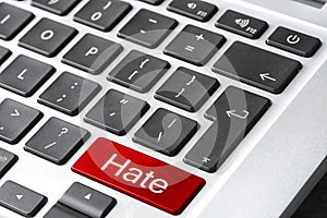 Red button with text Hate on computer keyboard, closeup