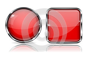 Red buttons with chrome frame. Round and square glass shiny 3d icons