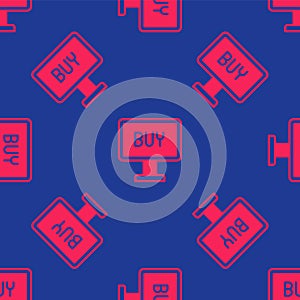 Red Buy button icon isolated seamless pattern on blue background. Vector