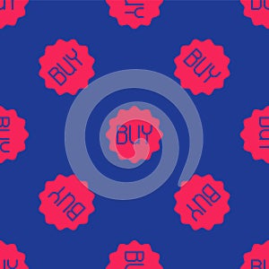 Red Buy button icon isolated seamless pattern on blue background. Vector