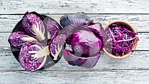Red cabbage. Purple cabbage on a white wooden background. Organic food.