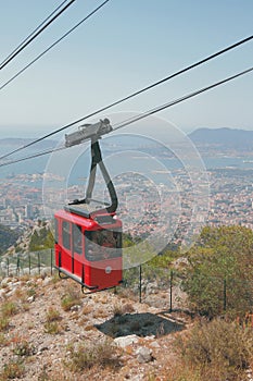 Red cabin of cableway. Toulon, France