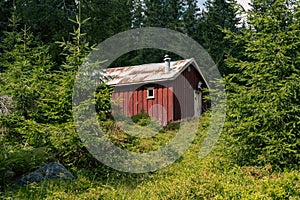 old red loggers cabin photo