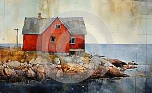 Red Cabin perched on a rocky shore