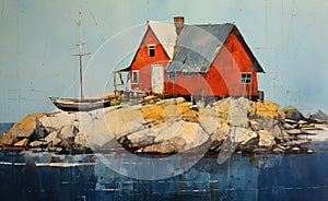 Red Cabin perched on a rocky shore bordering a calm harbor