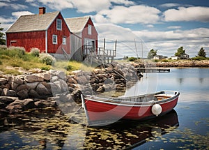 Red Cabin perched on a rocky shore with sailboat docked nearby