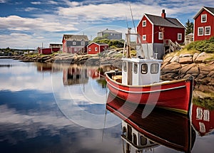 Red Cabin perched on a rocky shore with sailboat docked nearby