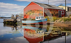 Red Cabin perched on a rocky shore with sailboat docked nearby