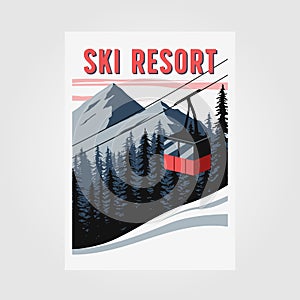 Red cable car ski resort poster vintage vector illustration design, snow and red gondola illustration