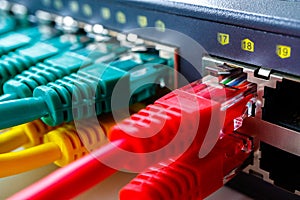 Red cables in the foreground inserted in the switch ports in the background green and yellow patchcords