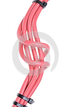 Red cables used in electrical wiring systems with black cable ties