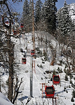 Red Cableway Lift Gondolas in Solang Valley