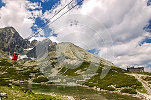 Red cableway moving to lomnicky stit