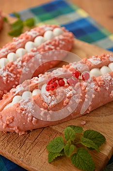 Red cake on cutting board in asia