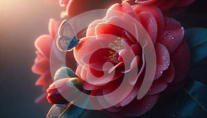 Red Camellia with Butterfly and Dewdrops in Morning Light photo