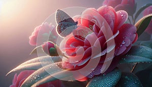 Red Camellia with Butterfly and Dewdrops in Morning Light photo