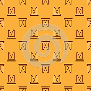 Red Camping portable folding chair icon isolated seamless pattern on brown background. Rest and relax equipment. Fishing