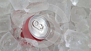 Red can or cola can in crushed ice cube.