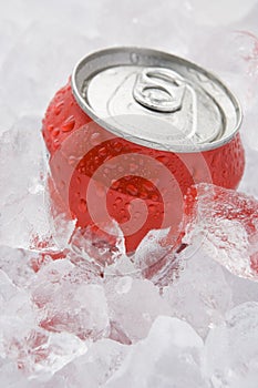 Red Can Of Fizzy Soft Drink Set In Ice photo