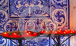 Red Candles Blue Tiles Santa Maria Church Obidos Portugal