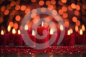 red candles burning against a background of blurred fairy lights