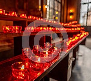 red candles in Frankfurt dom church, germany