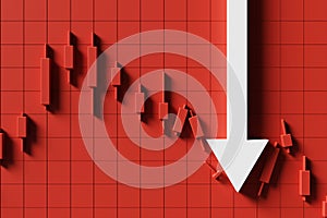Red candlestick background image with a downward pointing arrow indicating a falling stock price. 3d