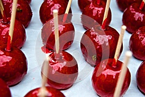 Red Candy Apples with Stuck Bee