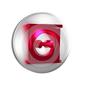 Red Canned food icon isolated on transparent background. Food for animals. Pet food can. Dog bone sign. Silver circle