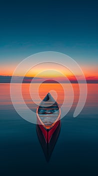 Red canoe floating on calm lake with vibrant sunset in background